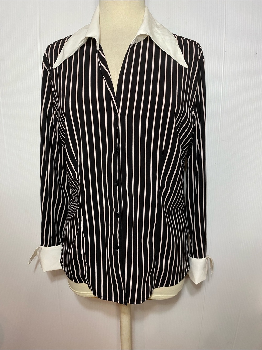 dressbarn Black Shirt with White Pinstripes and White Collar